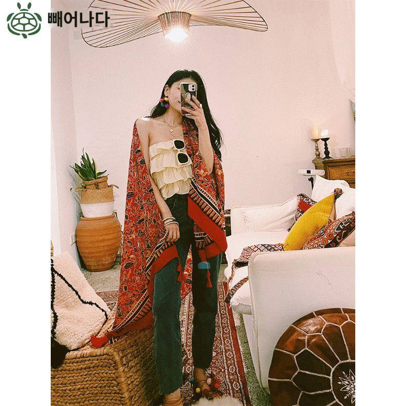 네팔 이국적인 케이프 보헤미안 플라워 프린지 해변 사막 자외선 투어 포토 에어컨 스카프