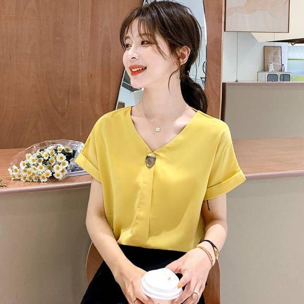 브이넥 쉬폰 블라우스 여성복 2024년 여름 서양풍 블라우스 스타일리쉬한 반팔티셔츠 상의