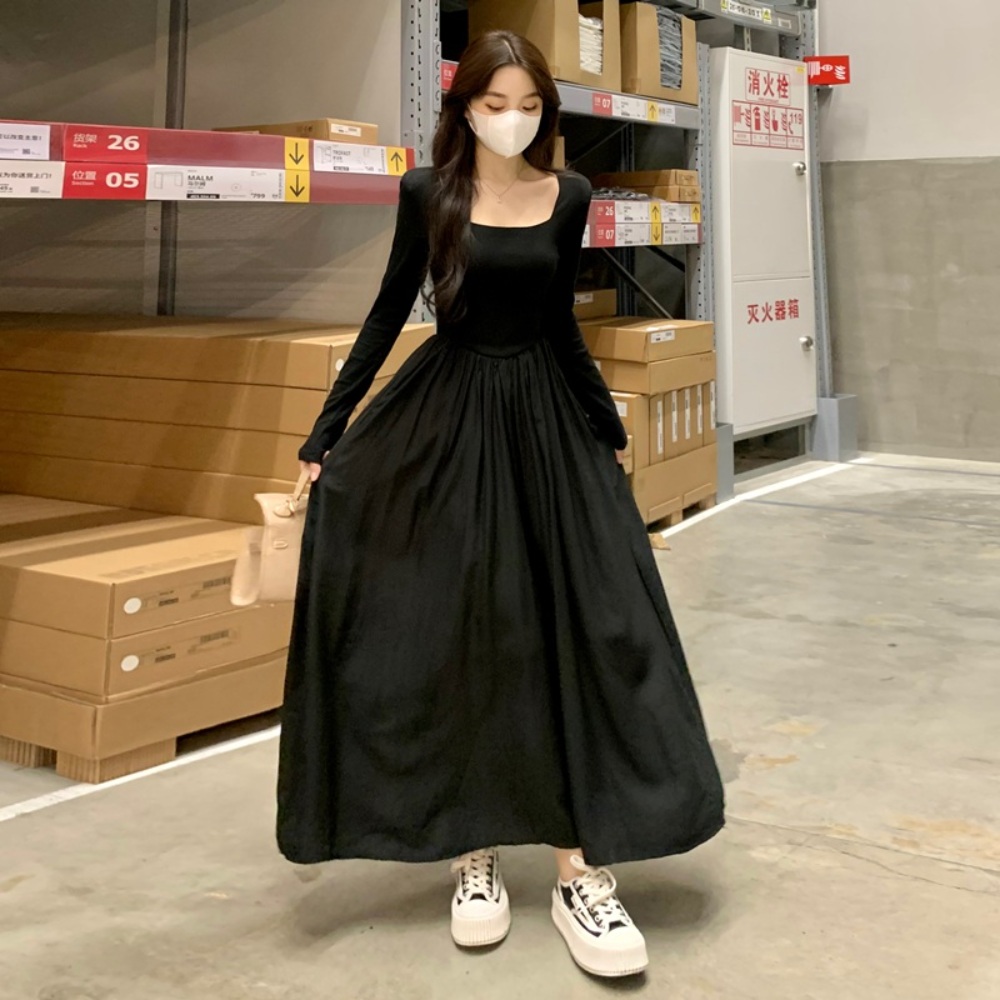 여성 스퀘어 넥 롱 원피스 A라인 슬림 가을 봄 긴팔