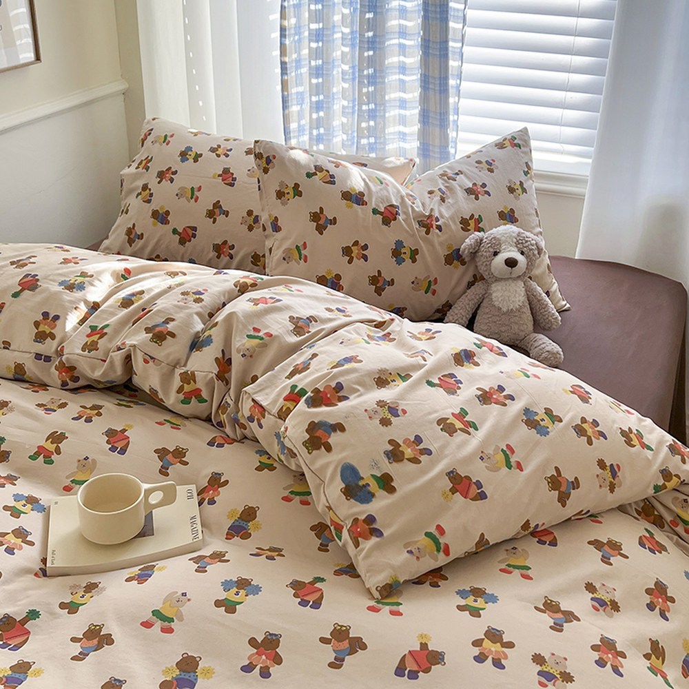 순수 목화 침구 세트 4 조각 기숙사 스타일 이불 커버 침대 시트 퀼트 14 1 5m fitted sheet four-piec Sports bear