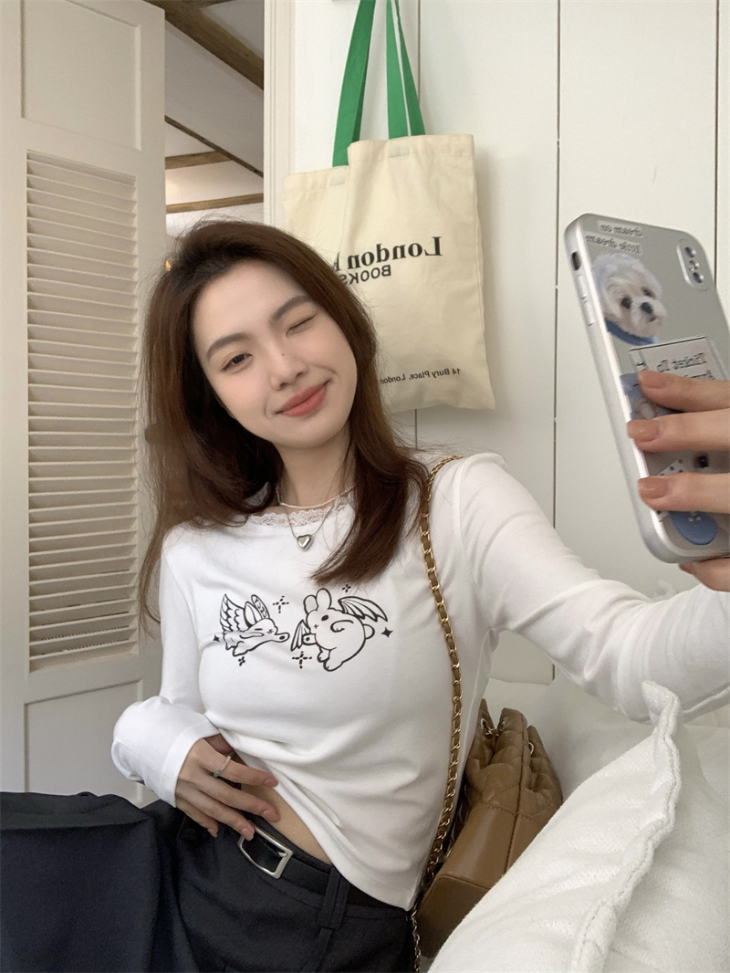 여성 봄 여름 레이스 롱슬리브 라운드넥 긴팔 티셔츠 프리사이즈