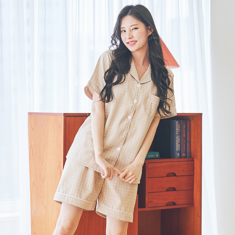 씨엘스토리 씨엘스토리 여성용 어반체크 카라 잠옷 상하의 세트