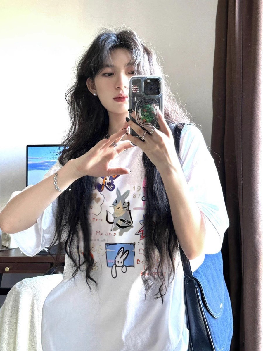 0g 빗살 긴밀 사일로 재미 캐릭터 낙서 토끼 프린트 반팔 티셔츠 M 살구