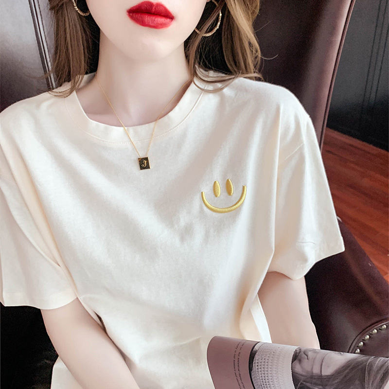 스마일 자수 반팔 티셔츠 여 여름 털갈이 이너웨어 티셔츠 ins 눅눅 순면 L 카라멜