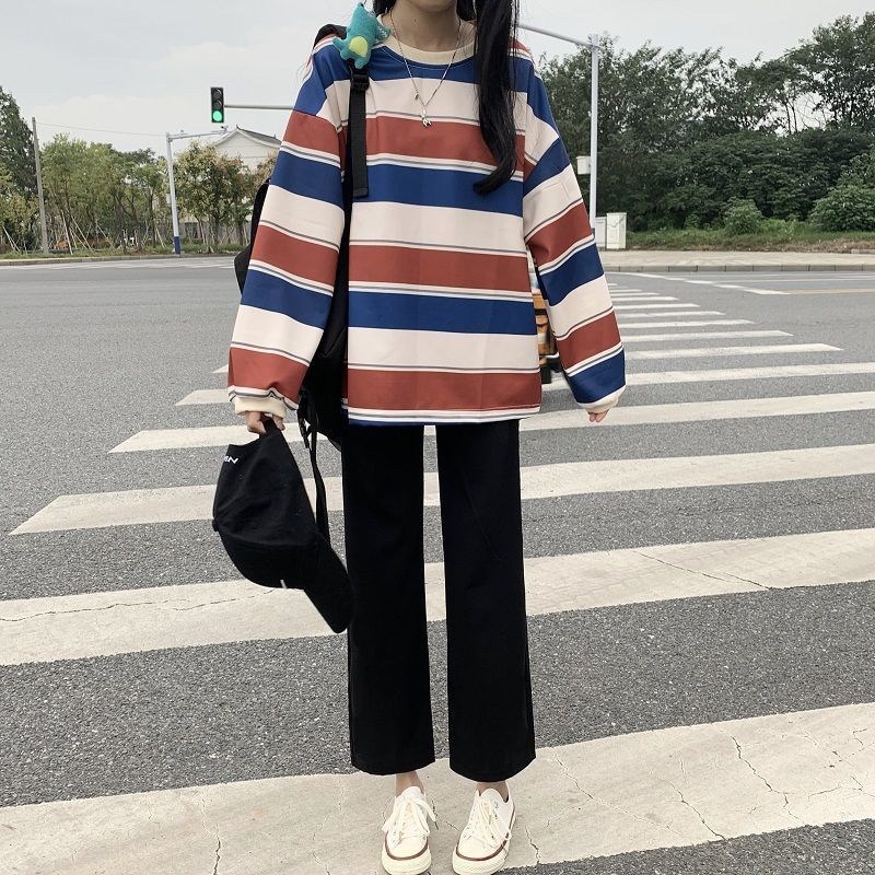 MOSAIRATION여성 긴팔 티셔츠 브이넥 긴팔티 루즈핏티셔츠 흰색 스트라이프 넓은 -leg 바지