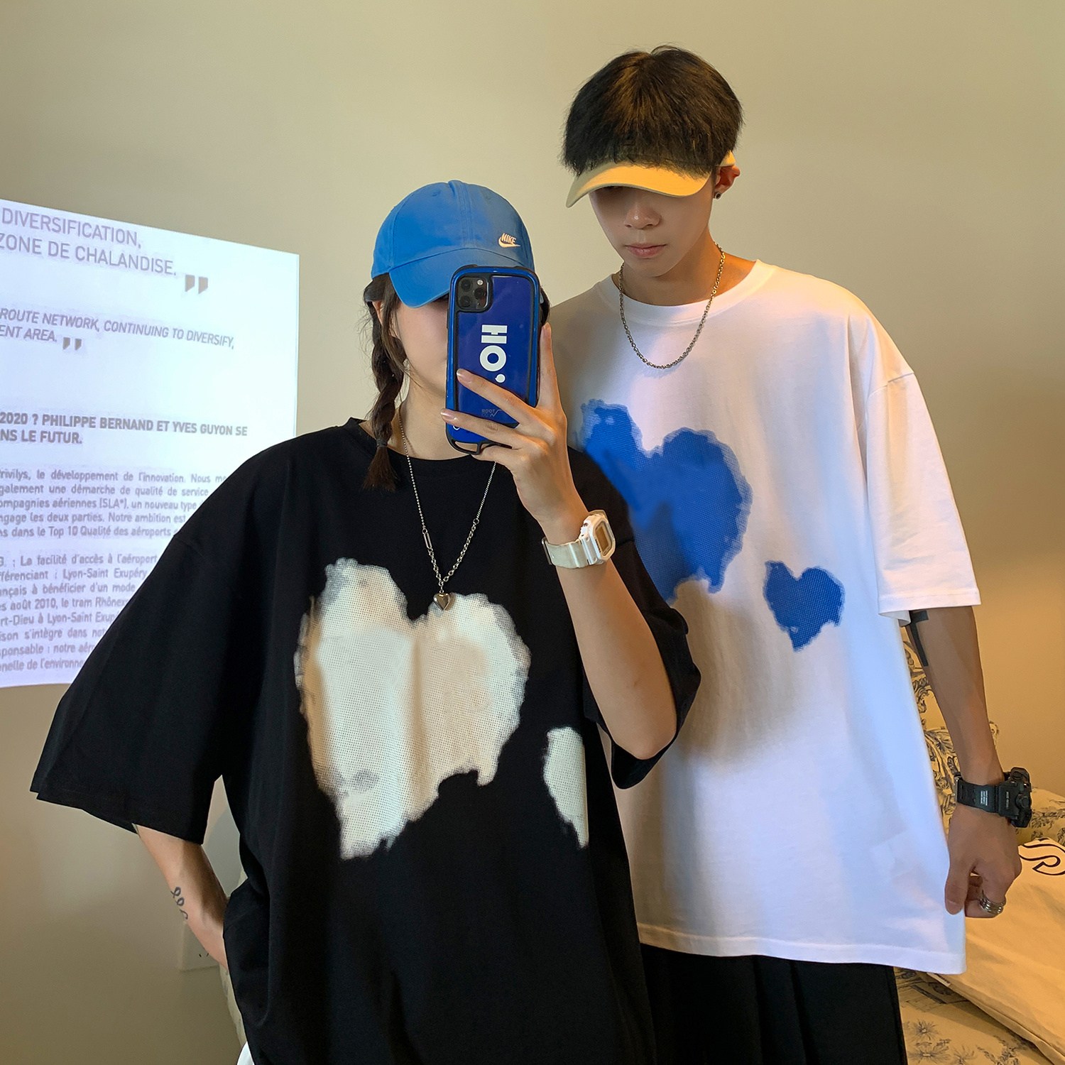 커플 여름 캐릭터 프린팅 라운드 루즈핏 반팔 티셔츠 여성 트렌드레스 L