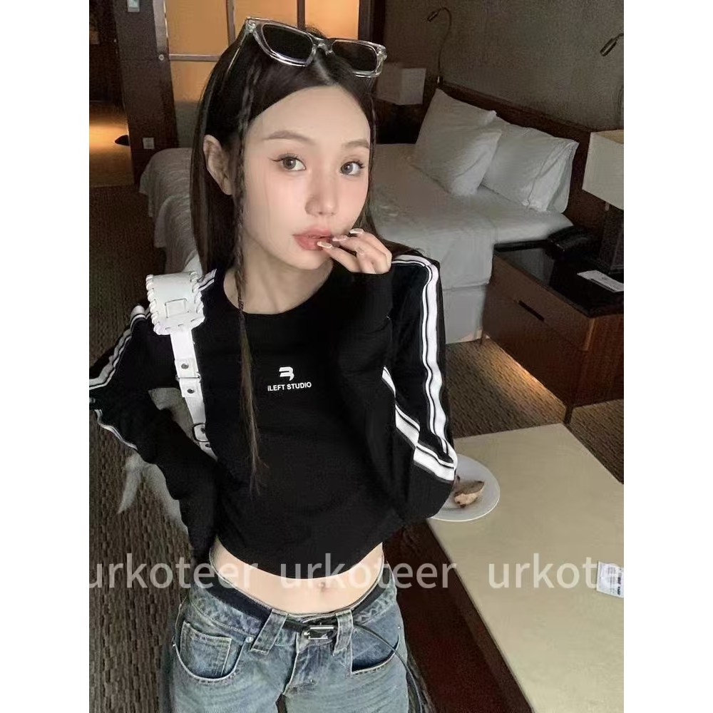 urkoteer 핫걸 크롭티셔츠 순욕풍 슬림 숏 긴팔 레깅스 상의i L CM1106
