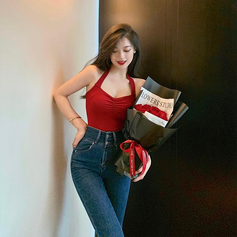 지9차이나 트렌디 홀터 브이 넥 나시 탑 티셔츠 M