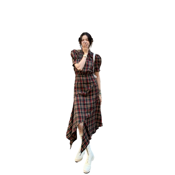 언발 체크 원피스 퍼프 소매 타탄 체크 롱 언발 원피스
