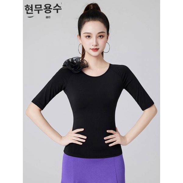라틴댄스복 가을 사교댄스 댄스상의 여거즈 중소매 모던댄스 연공복 지바트 상의