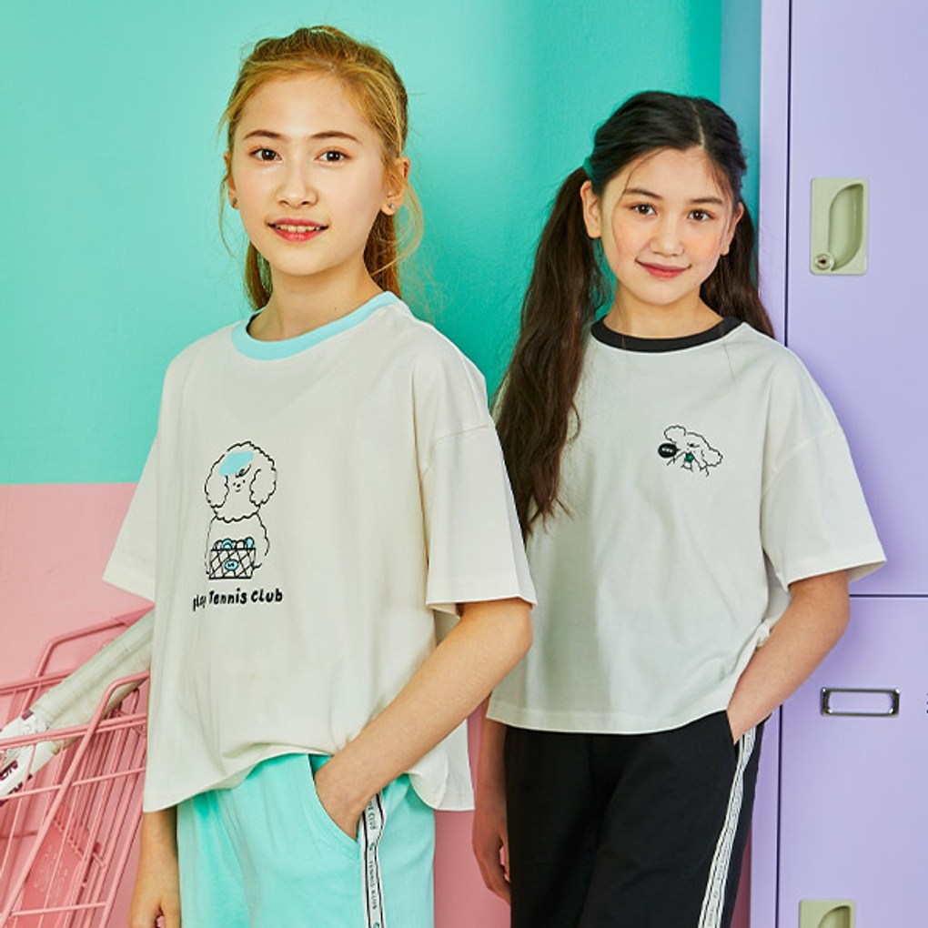 유솔 유솔 여름60 시원하고 귀여운 살짝 짧은 배색 랍빠 그래픽 반팔티 NC중앙로역점 크림 160 ULRA23452
