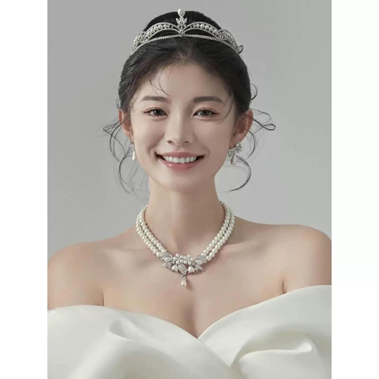 웨딩 티아라 세련된 신부 오드리햅번 헤어 장식 목걸이 귀걸이 3종 세트 왕관 목걸이 귀걸이