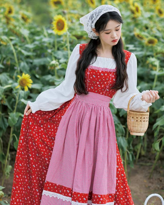 알프스 소녀 드레스 롱 원피스 메이드복 할로윈 코스프레 체크무늬 앞치마 프리사이즈