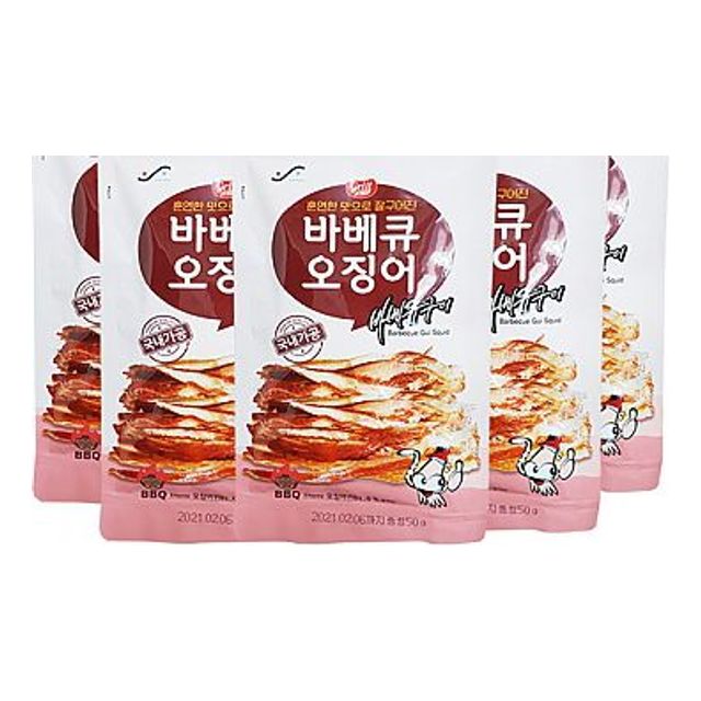 진주식품 바베큐오징어 50g 5개 국내가공 오징어머리 안주 술안주 맥주안주 주전부리 마른안주 간식 조미오징어 오징