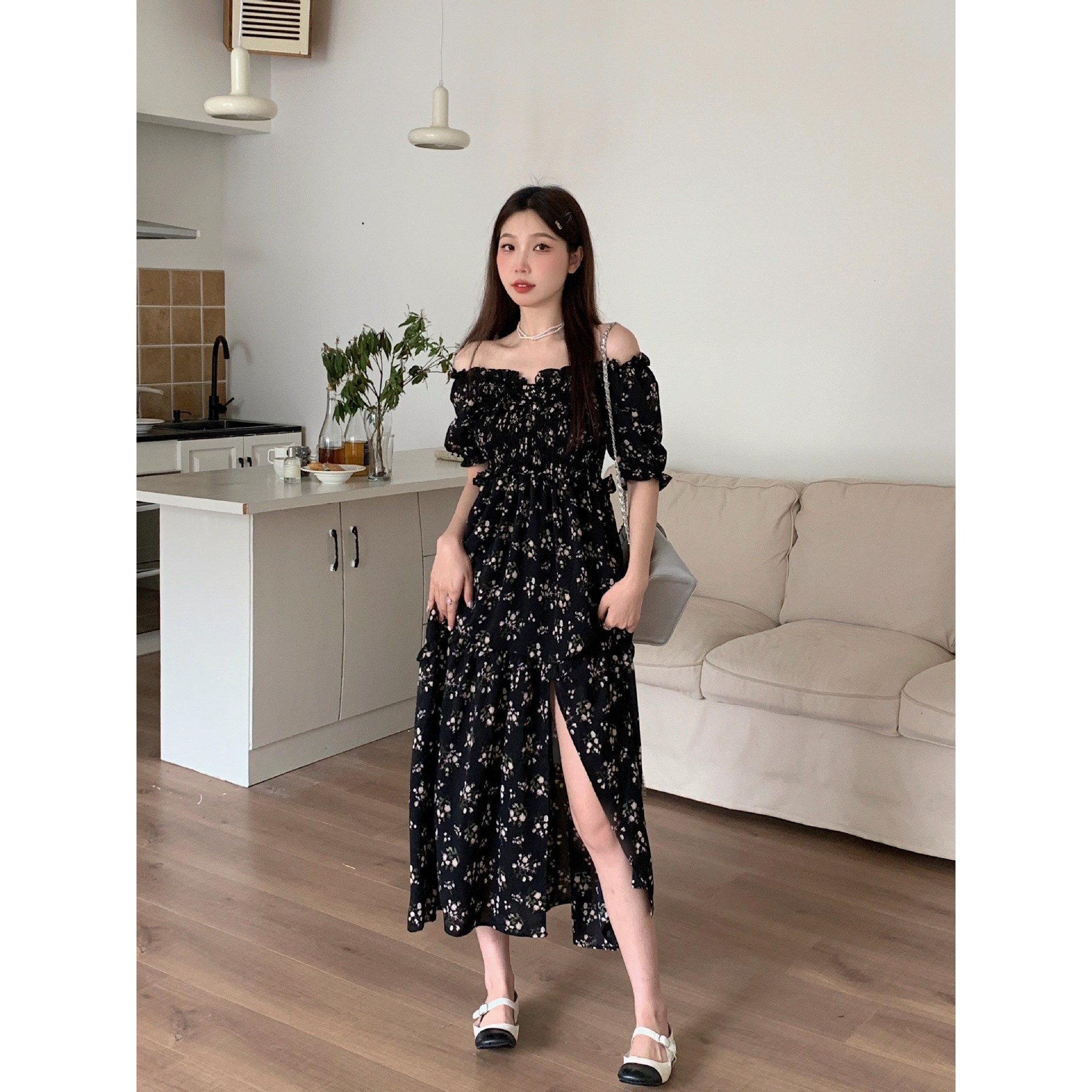 에이샤레 휴양지 핏보장 인생샷 반팔 절개 롱원피스 샤랄라 여름옷 L