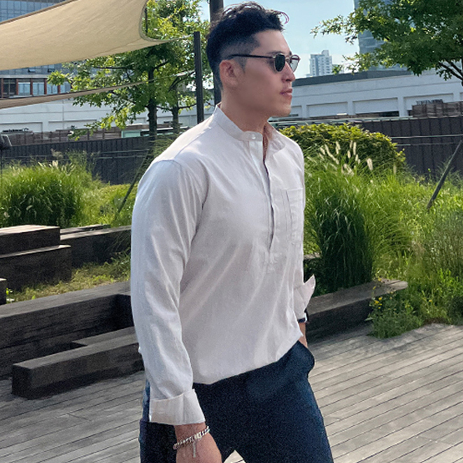 파이브라지 워싱 히든 배색 포켓 차이나 헨리넥 긴팔 셔츠 3