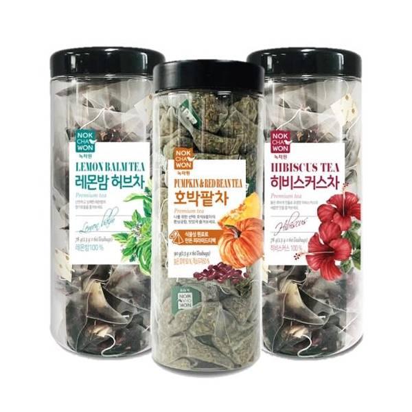 녹차원 녹차원 가벼운하루 60T 3종 호박팥차 60T 히비스커스60T 레몬밤허브차60T 탕비실 회사 손님접대 카페 음료베이스 1 5g