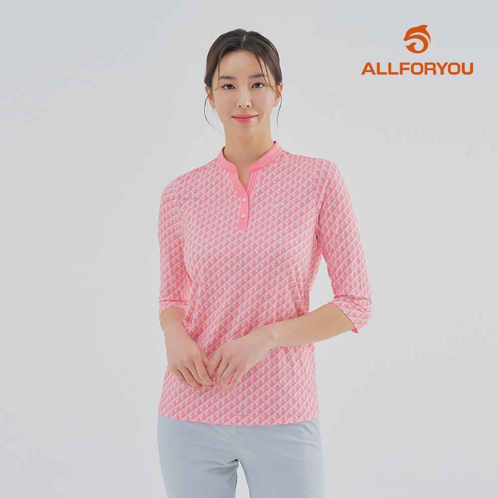 올포유 올포유시크릿모델착장 여성 기하학 프린트 차이나넥 7부 티셔츠 AWTHM3361-304 811574