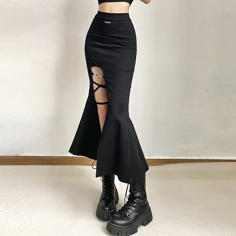 패딩랩스커트 미스터리 로얄 언니 하이 스트리트 디자인 성숙한 쿨 슬릿 여성 플레어 스커트 롱