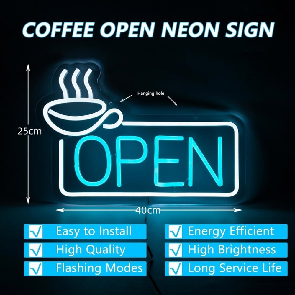 미적 LED 장식 네온 오픈 커피 스튜디오 사인 문짝 조명 작동