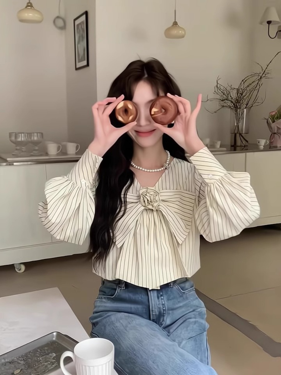 해피유통 셔츠 여 춘추 브이넥 스트라이프 리본 긴팔 디자인 상의 mgy S 그림