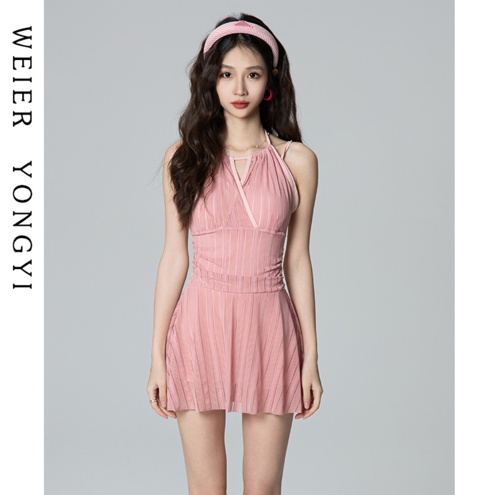 셔링 원피스수영복 프릴 플레어 스커트 홀터넥 비치웨어