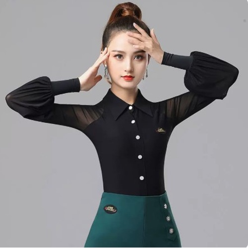 HANVIT 왈츠 긴팔 댄스복 스포츠댄스 자이브 라틴 사교 연습복 M 셔츠카라 점프수트