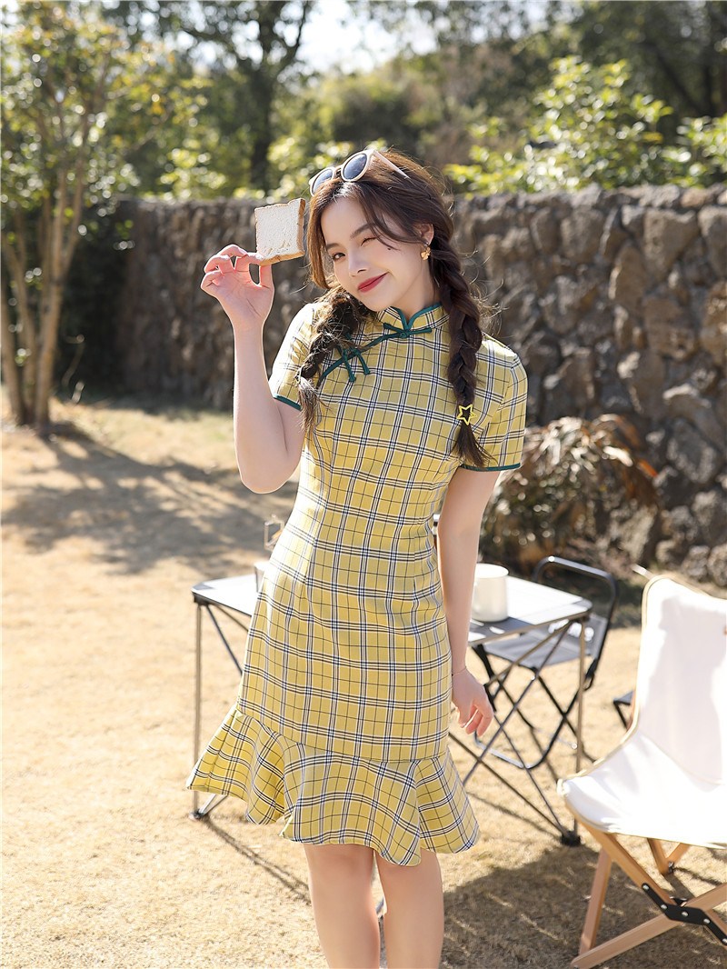 봄 여름 면 마 체크 어미 치파오 일상 소녀 개량 전원풍 깃 치파오 원피스 황색 L