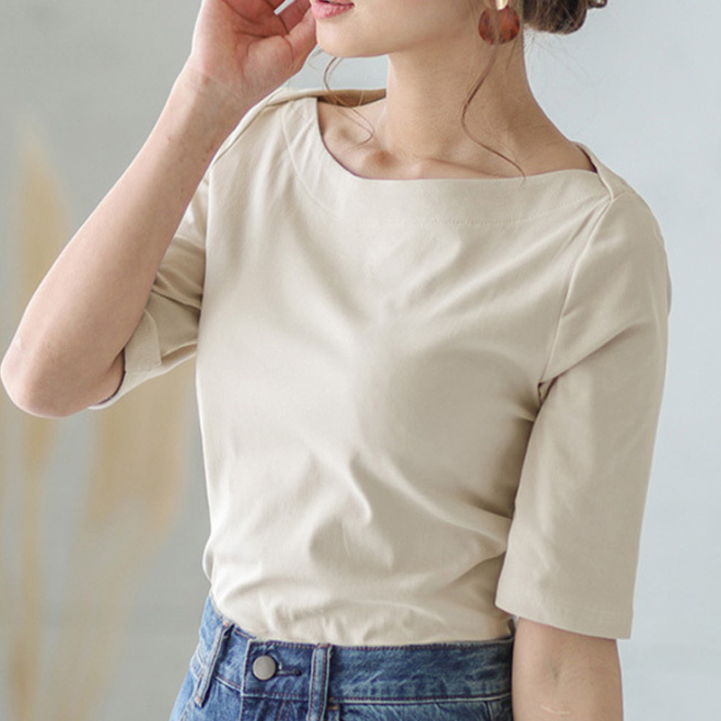 여성용 난달 7부 소매 보트넥 티셔츠 L