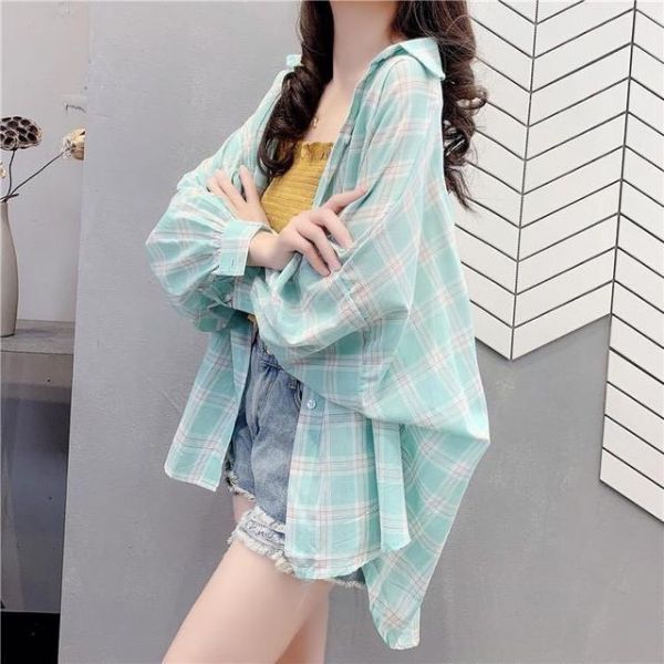 여성 체크무늬 카라넥 긴팔 남방 오버핏 데일리 자외선 얇은 셔츠 douyou8 U0021808