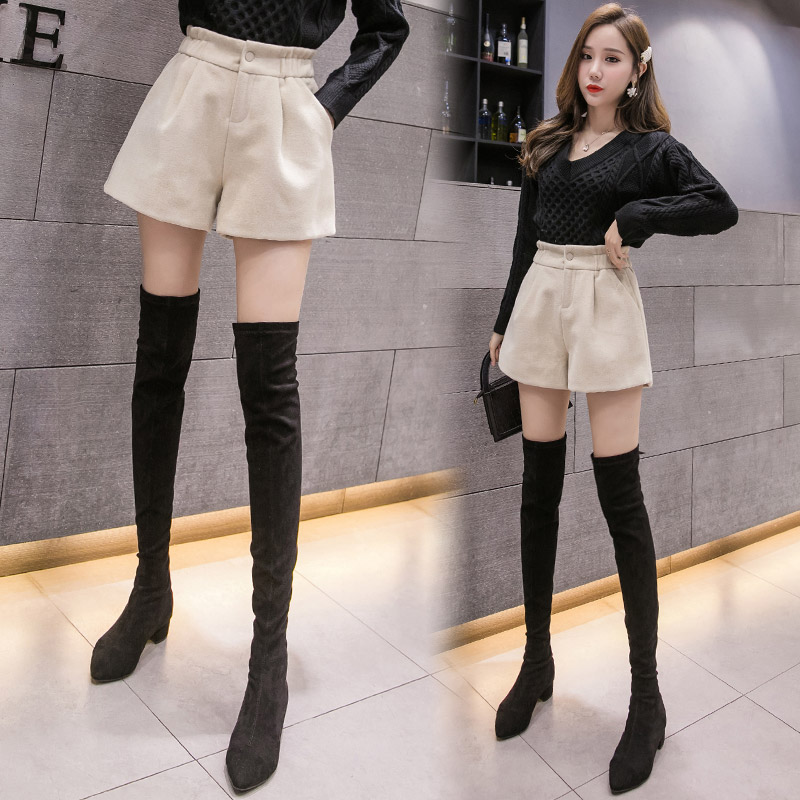 Ogfaour밴딩 모직 여성 가을 겨울 정장 반바지 짧은 숏 팬츠 살구
