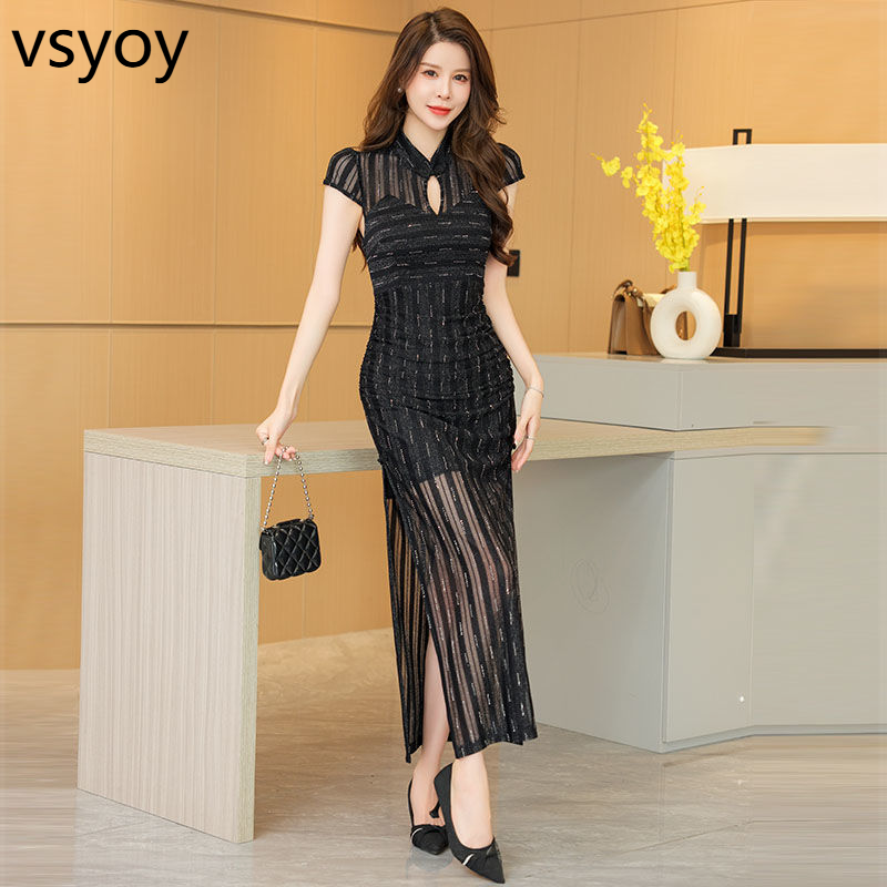 VSYOY 다이아몬드 슬릿 수정 청삼 반팔 건강 슬릿 작업복 슬림핏 슬리밍 우아한 긴 원피스 S
