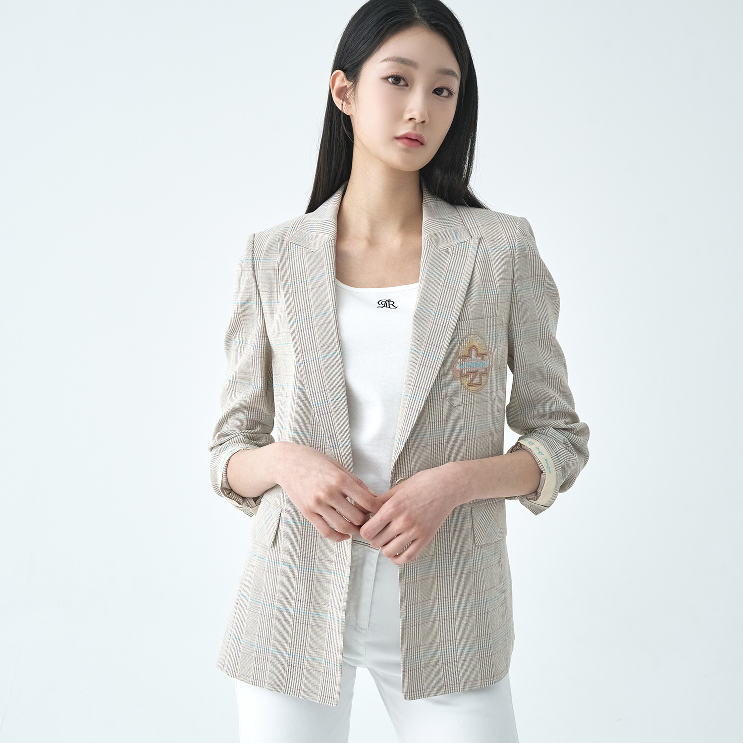 지센 체크린넨 싱글 테일러드 자켓 LFJKO302