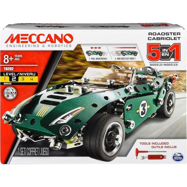 Meccano Erector 5 in 1 로드스터 풀 백 자동차 조립 키트 STEM 엔지니어링 교육 장난감
