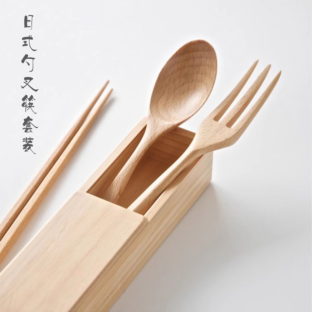 카미르 받침 학생 원목 숟가락통 정리함 나이프 수저통 휴대용 수저 나무젓가락 심플 삼각 손잡이 나무 스푼 포크 젓가락 3종 세트