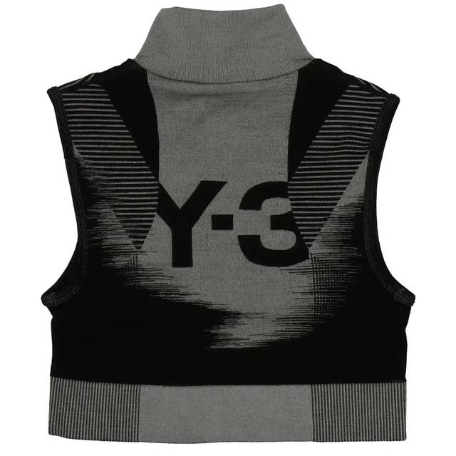 Y-3 와이쓰리 엔지니어링 니트 크롭 슬리브리스 Y 3 로고 인타르시아 하이넥 탑 HY5875BLACKVISGREY