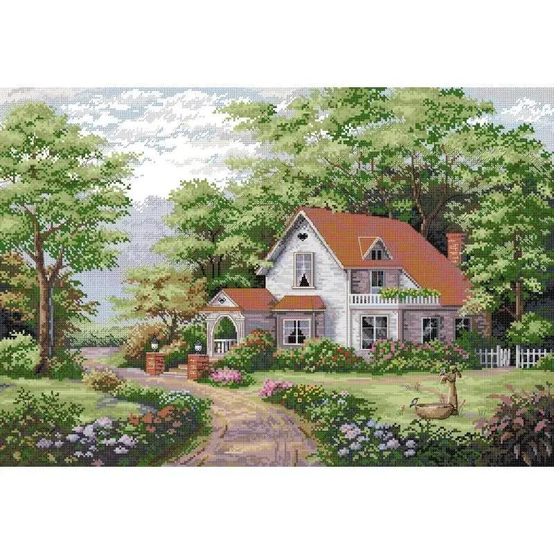 빨간 지붕 오두막 조경 크로스 키트 카운트 인쇄 원단 바느질 자수 공예 1개 3 14CT HD Printed