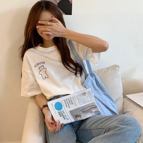 여자 루즈핏 큐티 베어 프린팅 반팔티