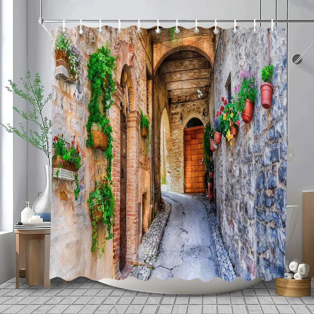 야외 정원 풍경 샤워 커튼 라파 올드 타운 해안 지중해 욕실 장 A 180x210cm-70x83in 11 180x210cm-70x83in 1개