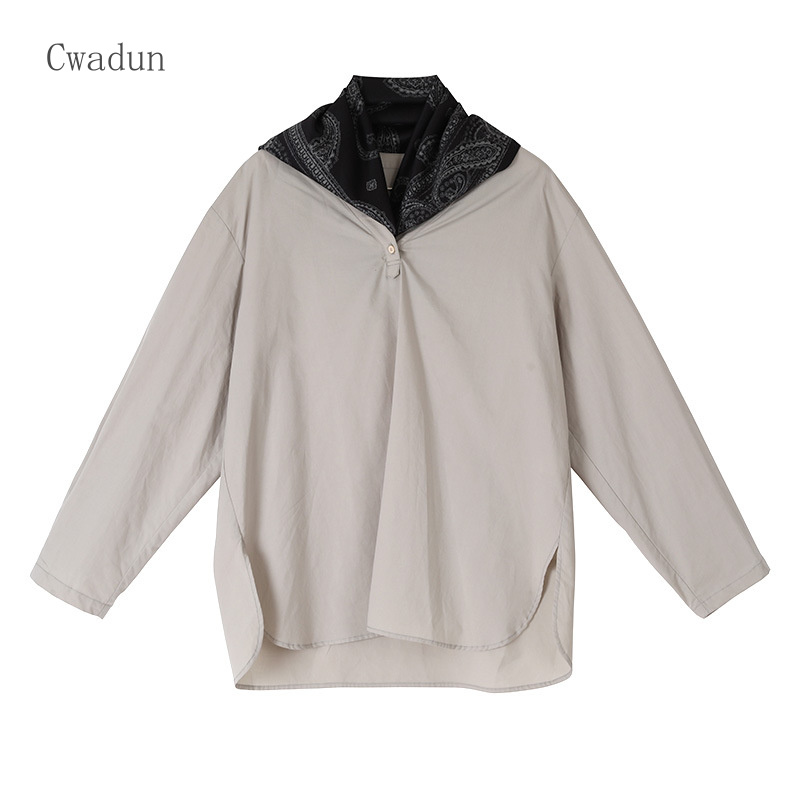 Cwadun 봄가을 복고풍 프린트 V넥 면 셔츠 여성 S AC0192