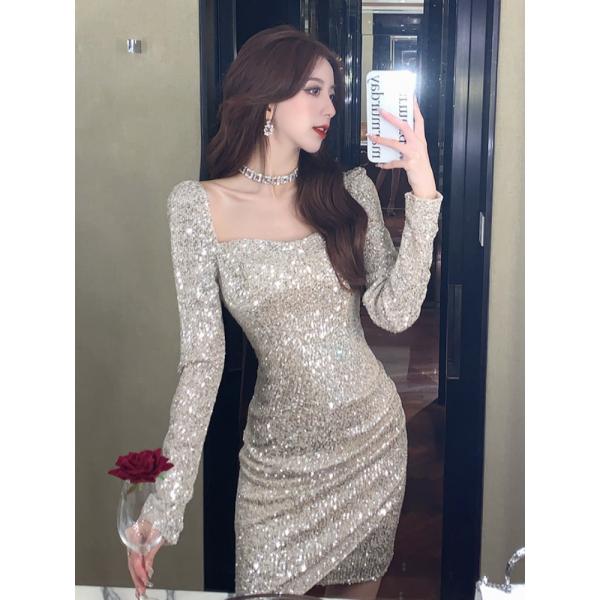 프랑스풍 섹시한 나이트클럽 미인 신중한 반짝임 클럽웨어 몸매 보정 원피스 스커트 긴소매