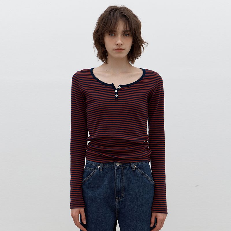 코어드 3차 Stripe scoop t-shirt wine