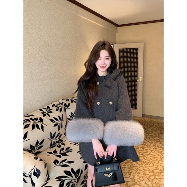 대모 목목 두꺼운 코트 여성 금장 버튼 나비결 양모 블렌드 양면 재킷