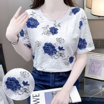여성 강렬한 블루장미 패턴 루즈핏 코디 반팔 티셔츠