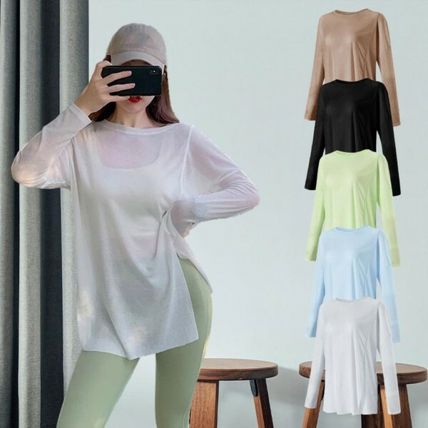 여성 운동 롱슬리브 사이드슬릿 비침 티셔츠 32454776