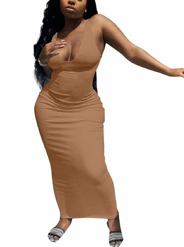 LovelyWholesale Bodycon 여성용 맥시 드레스 선드레스 여름 골지 탱크 드레스 N-카키