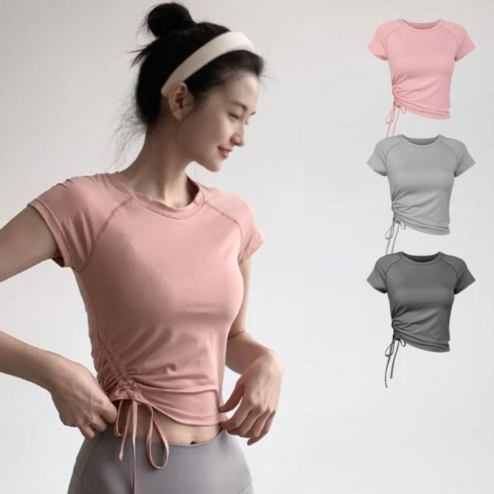 여자 요가 상의 통기성 셔링 크롭 반팔티