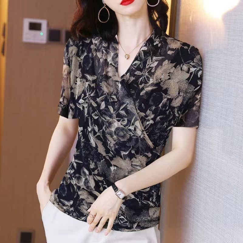 여성의 우아함 강조 브이넥 랩 쉬폰 블라우스 미시 스타일 긴팔 반팔 버전 플라워 반팔