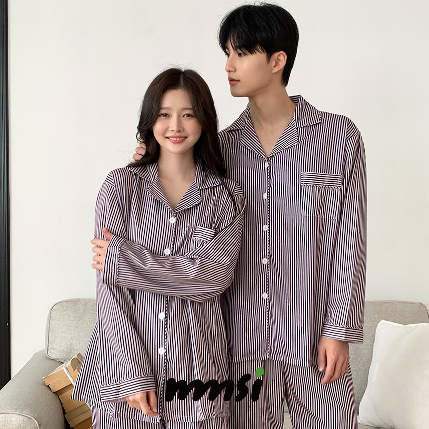 mmsi 커플 홈웨어 여성용 파자마 체크 잠옷 스트라이프 파자마세트 미드나잇 L