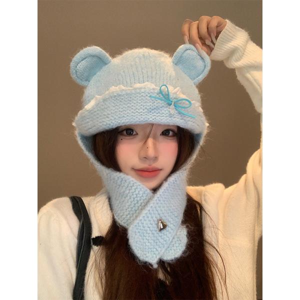 양모가 섞인 귀여운 곰 귀 모자 여성 겨울 두꺼운 보온 니트 모자 추위 방지 귀 보호 레잉 모자